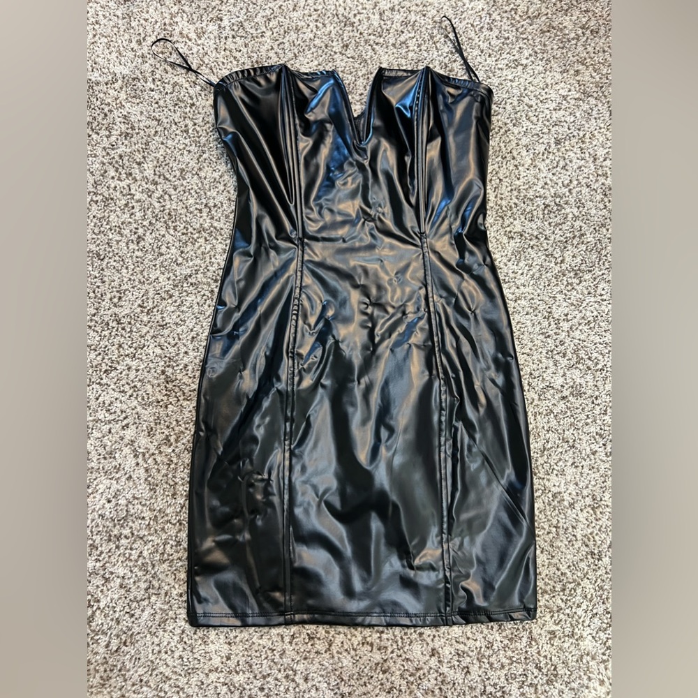 Black leather strapless dress